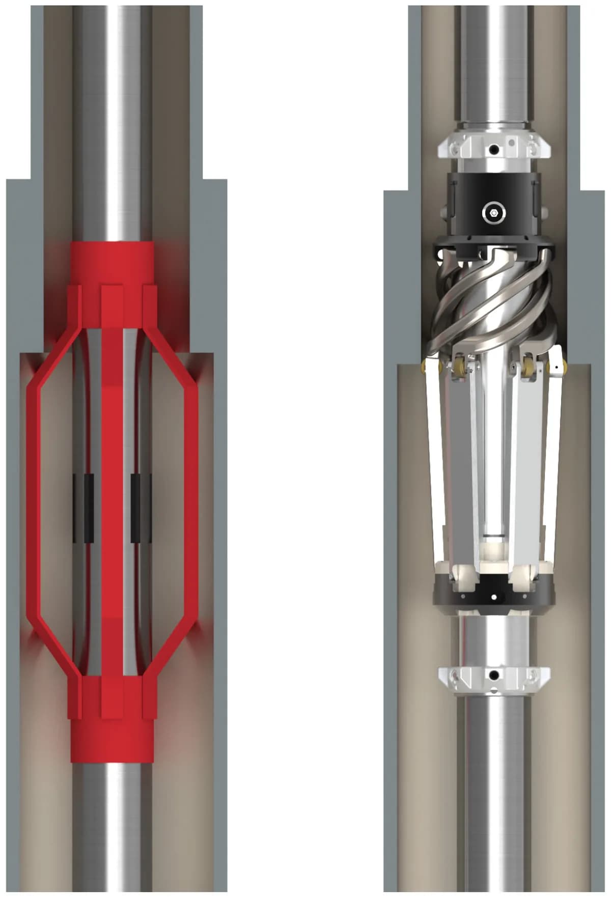 Fig 1: Conventional centralisers are designed to centralize in only one casing size at a time. Helix passes through any restrictions seamlessly and centralizes in multiple casing sizes.